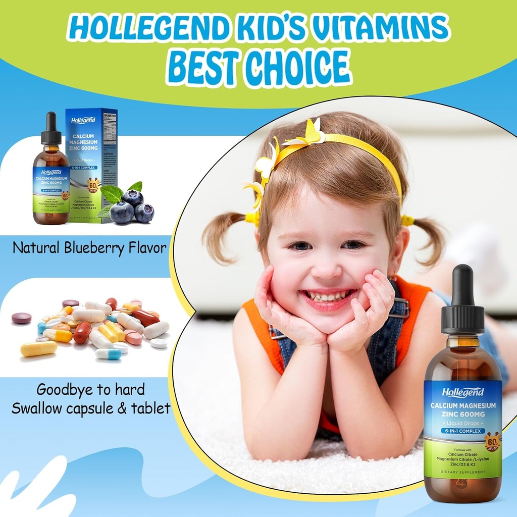 Liquid Calcium Citrate Drops with L-Lysine 500mg, Magnesium & Zinc, Calcium Citrate 600mg Supplement with Vitamin D3 & K2 for Kids & Adults, 2 Fl Oz 5