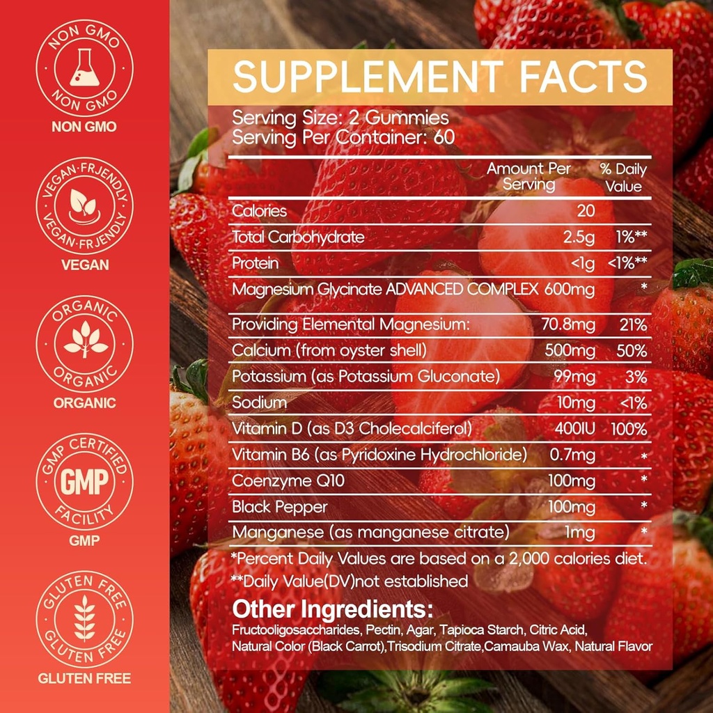 Magnesium Glycinate Gummies 600mg, Chewable Sugar Free Potassium Magnesium Gummies with Magnesium Glycinate, Vitamin D, B6 and CoQ10 for Sleep, Relaxation, Brain and Muscle, 60 Days Supply 3