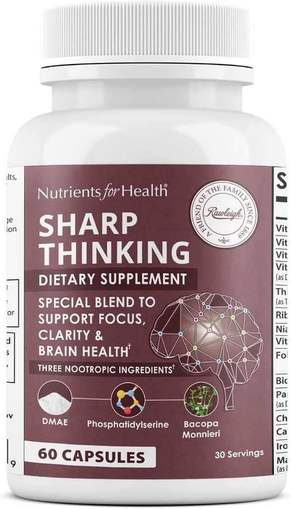 Rawleigh Sharp Thinking: 60 Capsules, Focus, Clarity, Memory Support, 3 Nootropics, DMAE Bitartrate, Bacopa Monnieri, Phosphatidylserine, DHA & Vitamins A, C, D, E, B-Complex 2