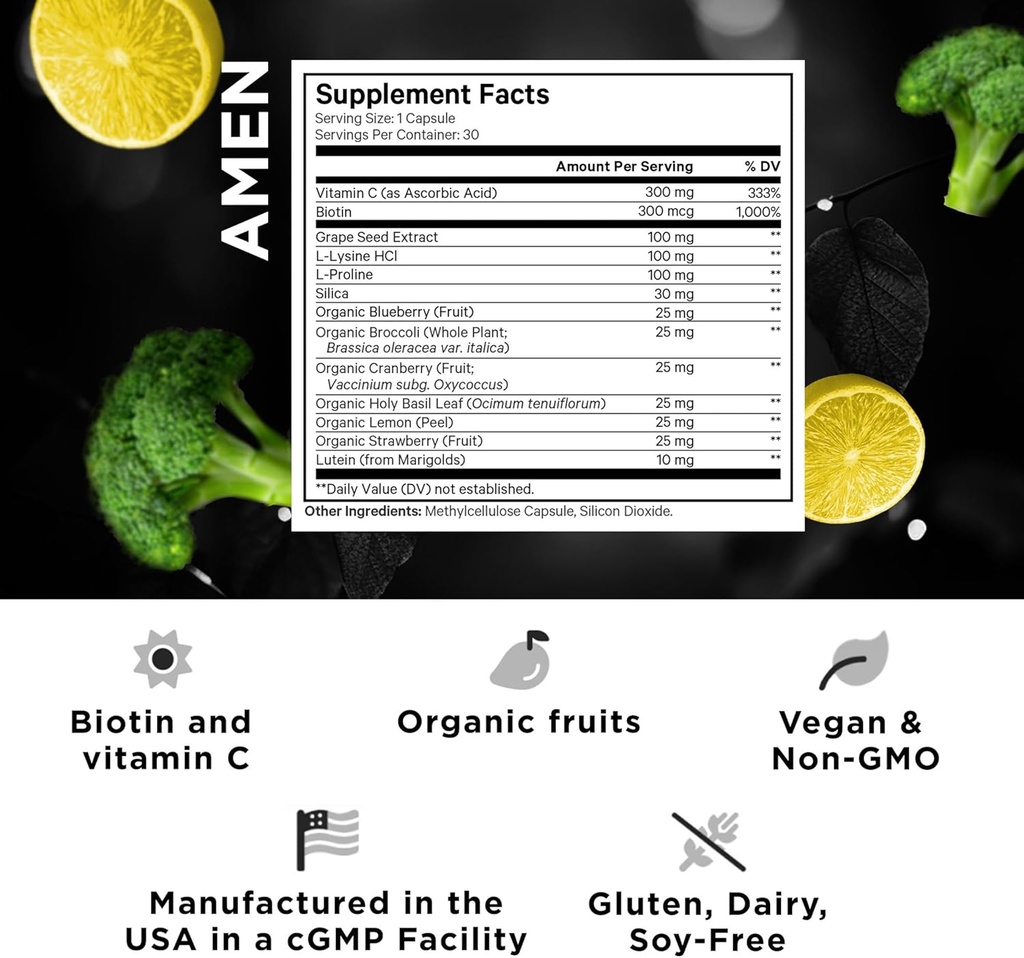Amen Plant-Based Vegan Collagen Builder Supplement - Organic Whole Foods, Lutein, Vitamin C, Biotin, Lysine, Proline Collagen Boosters - Organic Cranberry, Lemon, Strawberry - Once A Day - 30 Capsules 3