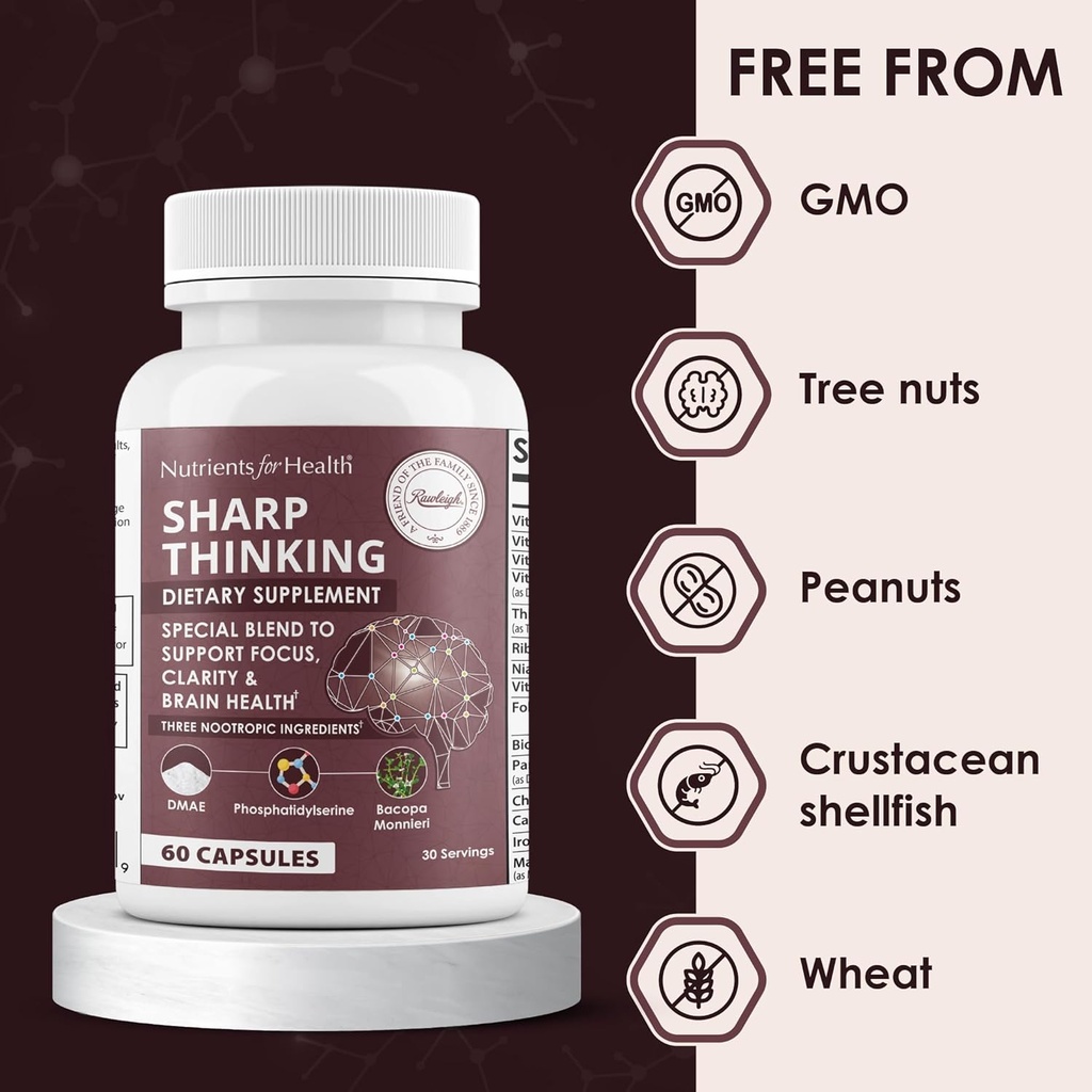 Rawleigh Sharp Thinking: 60 Capsules, Focus, Clarity, Memory Support, 3 Nootropics, DMAE Bitartrate, Bacopa Monnieri, Phosphatidylserine, DHA & Vitamins A, C, D, E, B-Complex 6