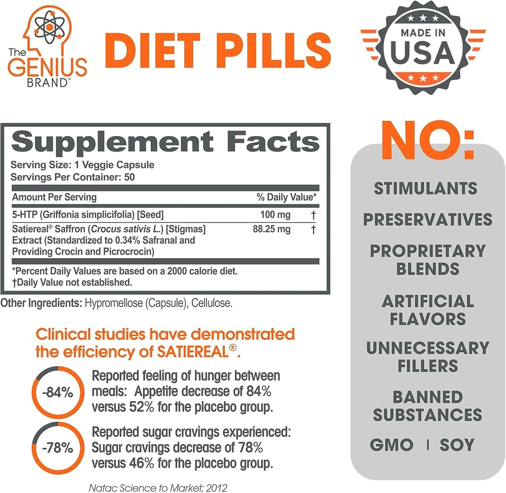The Genius Brand - Genius Diet Pills for Weight Loss Support, 50 Veggie Capsules - Smart Appetite Suppressant for Women and Men - Natural 5-HTP & Saffron Supplement - Cortisol & Thyroid Support 3
