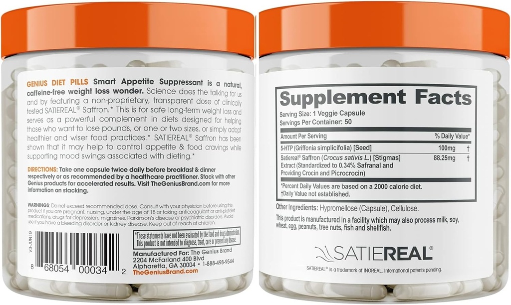 The Genius Brand - Genius Diet Pills for Weight Loss Support, 50 Veggie Capsules - Smart Appetite Suppressant for Women and Men - Natural 5-HTP & Saffron Supplement - Cortisol & Thyroid Support 6