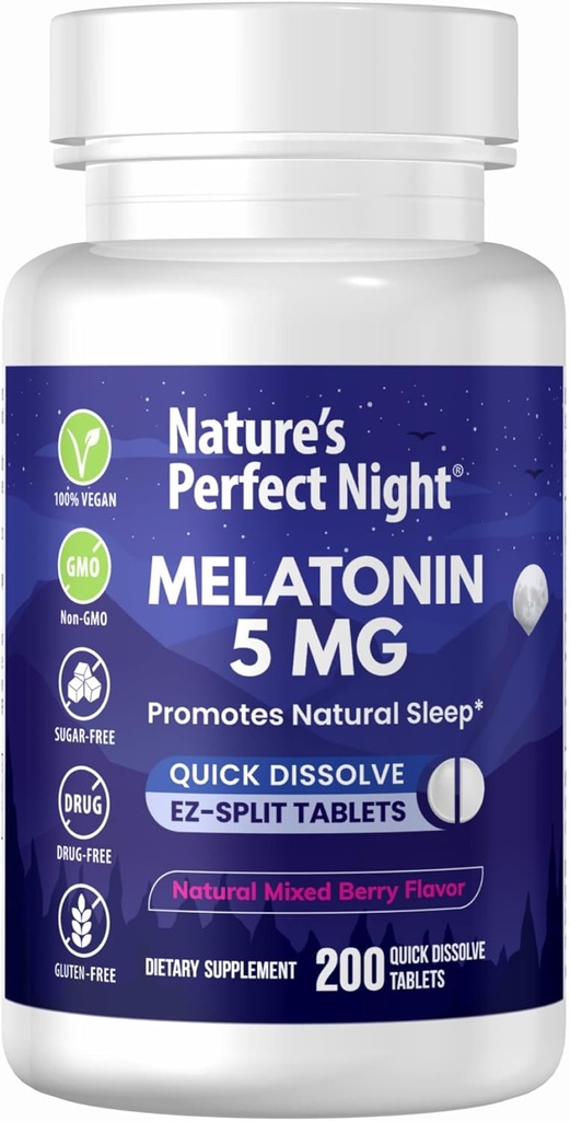 Nature's Perfect Night | Melatonin 5mg | 200 Quick Dissolve Tablets | Natural Mixed Berry Flavor |Preferred Potency | Sugar Free | Vegan | Gluten Free | Value Size 2