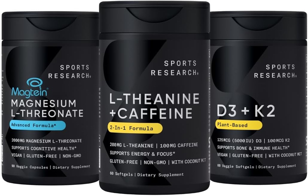 Sports Research Magtein Magnesium L-Threonate Capsules (2000mg, 90 Capsules), Vegan Vitamin D3 + K2 w/Organic Coconut Oil (5000iu VIT. D 100mcg Mk7 VIT. K, 60 Softgels) and L-Theanine (200mg, 60 ct) 2