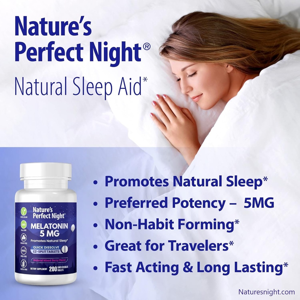 Nature's Perfect Night | Melatonin 5mg | 200 Quick Dissolve Tablets | Natural Mixed Berry Flavor |Preferred Potency | Sugar Free | Vegan | Gluten Free | Value Size 3
