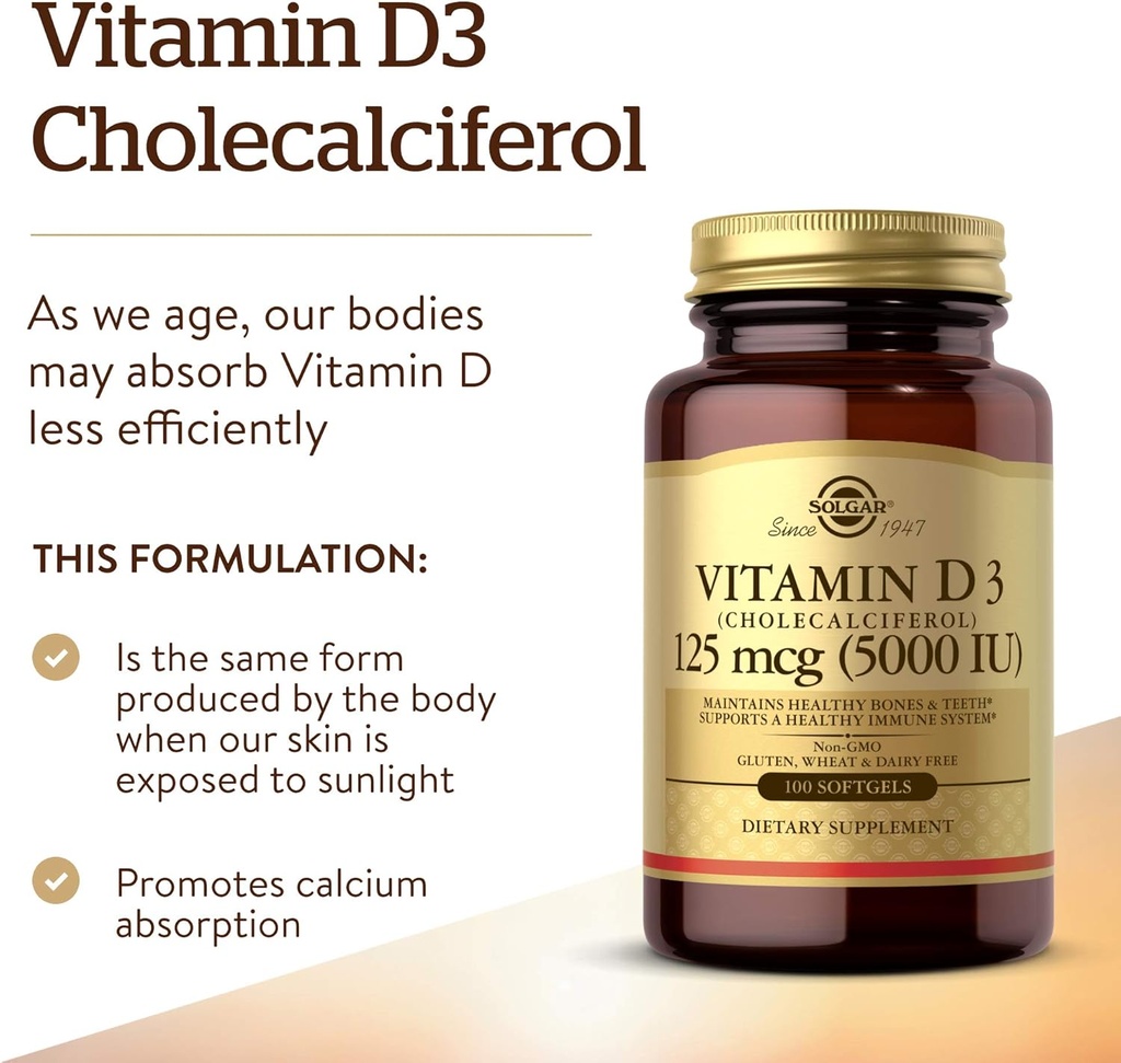 Solgar Vitamin D3 (Cholecalciferol) 125 MCG (5000 IU), 100 Softgels - Helps Maintain Healthy Bones & Teeth - Immune System Support - Non GMO, Gluten-Free, Dairy Free - 100 Servings 4