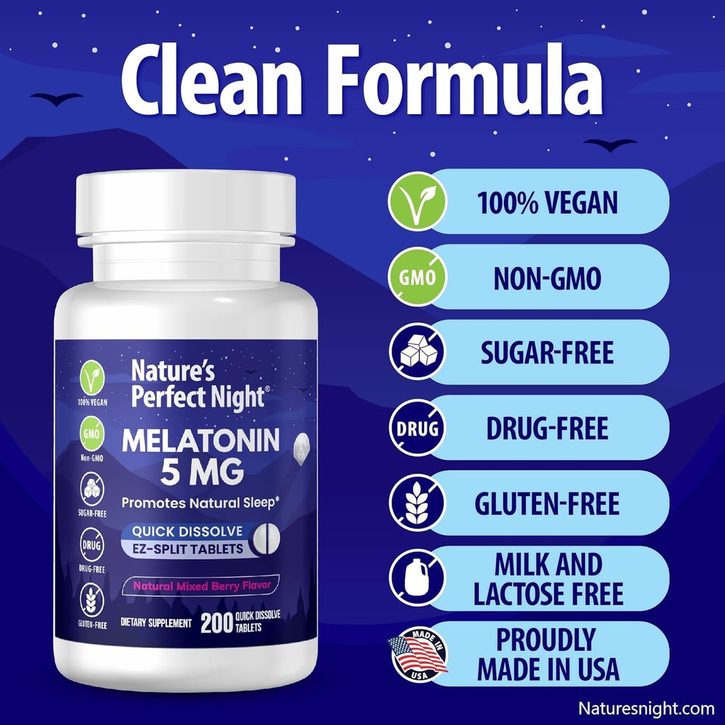 Nature's Perfect Night | Melatonin 5mg | 200 Quick Dissolve Tablets | Natural Mixed Berry Flavor |Preferred Potency | Sugar Free | Vegan | Gluten Free | Value Size 5