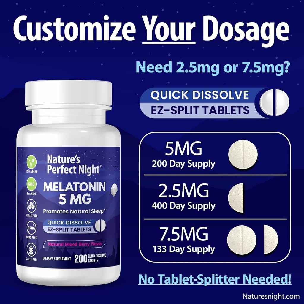 Nature's Perfect Night | Melatonin 5mg | 200 Quick Dissolve Tablets | Natural Mixed Berry Flavor |Preferred Potency | Sugar Free | Vegan | Gluten Free | Value Size 6