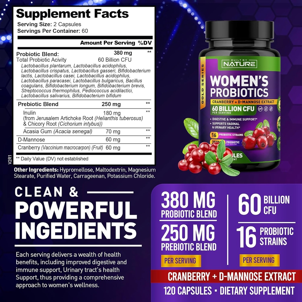 Probiotics for Women - 60 Billion CFUs, 16 Strains, with Cranberry, D-Mannose & Prebiotics - Supports Digestive, Immune, & Vaginal Health - Non-GMO, Dairy & Gluten-Free - 120 Veggie Capsules 3
