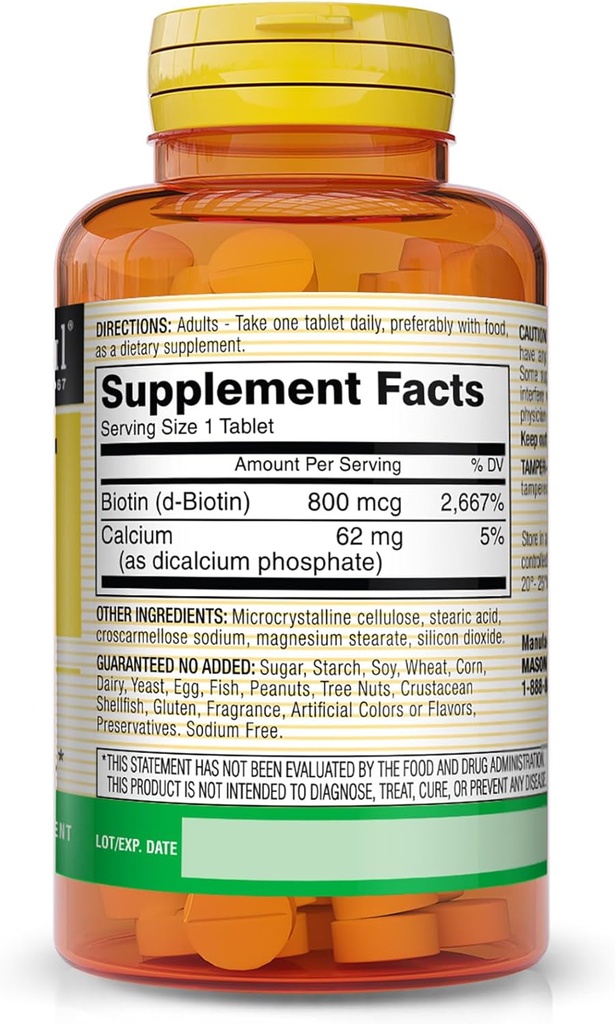 MASON NATURAL Biotin 800 mcg, Hair, Skin & Nail Health Support, High Potency Vitamin B7 Supplement, 60 Tablets (Pack of 3) 3