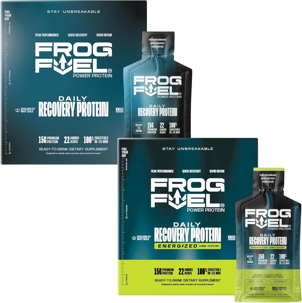 Frog Fuel Power Regular & Power Energized Complete Protein Shot Bundle, 15g Protein Nano-Hydrolyzed Grass Fed Collagen, Post Workout, Fat & Sugar Free, 22 Amino Acids, Berry, 1 oz Packets, 48 Pack 2