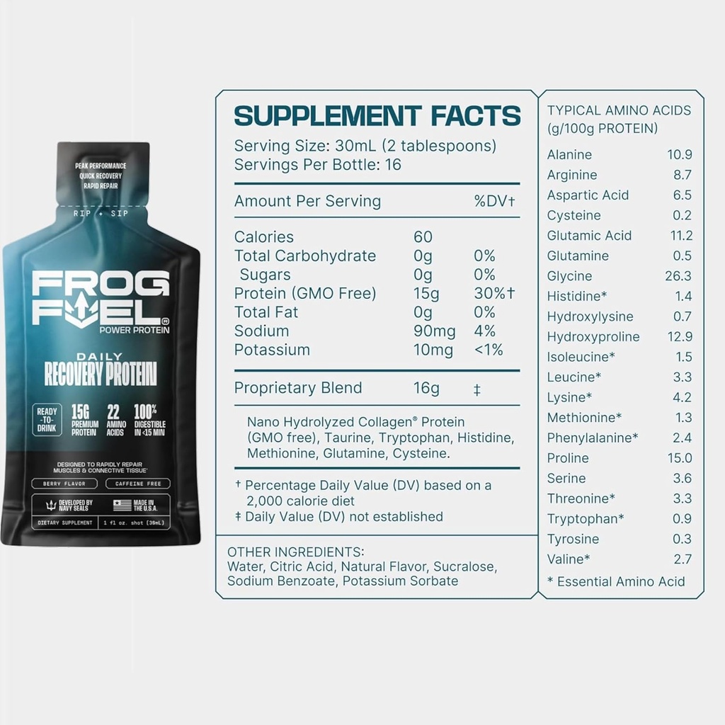Frog Fuel Power Regular & Power Energized Complete Protein Shot Bundle, 15g Protein Nano-Hydrolyzed Grass Fed Collagen, Post Workout, Fat & Sugar Free, 22 Amino Acids, Berry, 1 oz Packets, 48 Pack 5