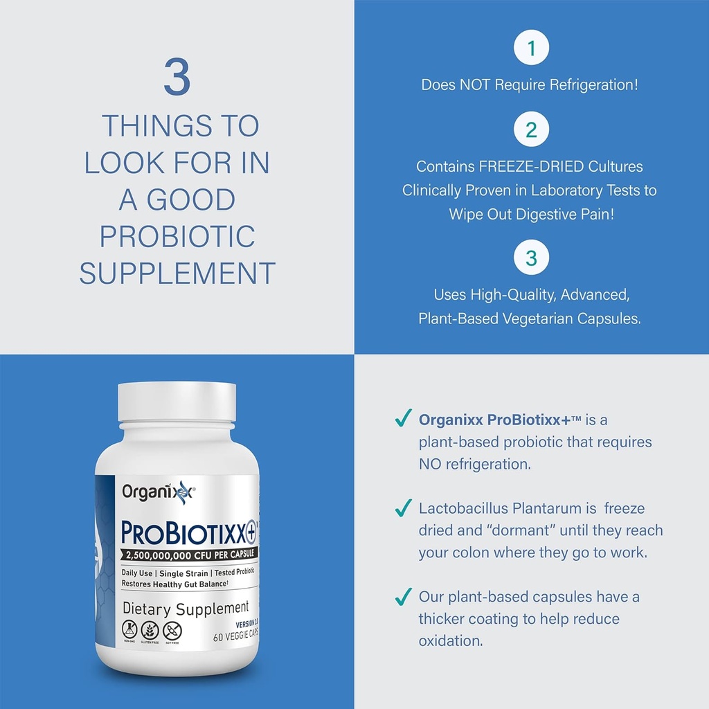 Organixx ProBiotixx+ Probiotic Supplement, Daily Probiotics for Women & Men For Digestive Health Gut Health, Immune Support, 2.5 Billion CFU, Gluten Free, Non GMO, Shelf Stable, 60 Vegetarian Capsules 6