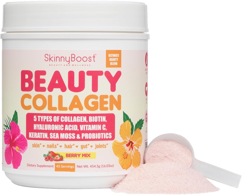 Beauty Collagen Powder-5 Types of Hydrolyzed Collagen, Sea Moss, Biotin, Keratin, Hyaluronic Acid, Vitamin C and Probiotics–Hair, Skin, Nails- All Natural, Made in USA-45 Servings- Mixed Berry 2
