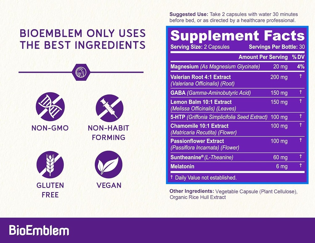 BioEmblem Natural Sleep Aid for Adults with Melatonin, Valerian Root, Suntheanine & More | Healthy Sleep Supplement | Herbal Sleeping Pills | 60 Capsules 4
