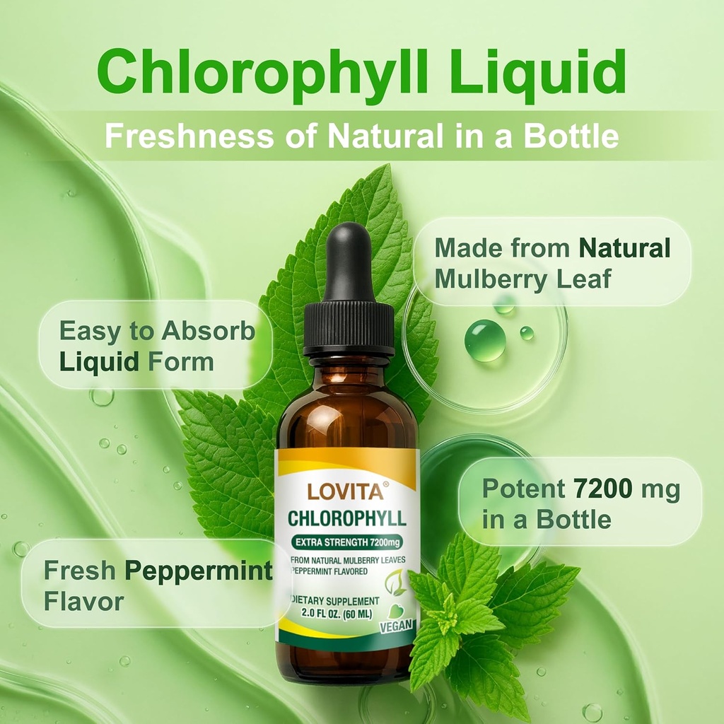 Lovita Chlorophyll Liquid Drops, High Potency 120 mg/mL, 7,200 mg per Bottle, Natural Energy Booster & Immune Support, Internal Deodorant, Skin Health, Vegan & Non-GMO, Mint Flavor, 180 Servings 2