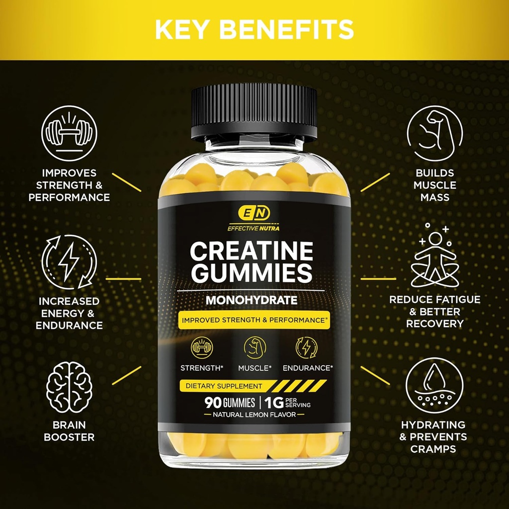 Effective Nutra Creatine Monohydrate Gummies - 1g Creatine per Gummy - Vegan Muscle & Strength Supplement for Men & Women - Supports Muscle Growth, Energy, Endurance - Lemon Flavor, Made in USA (90ct) 3