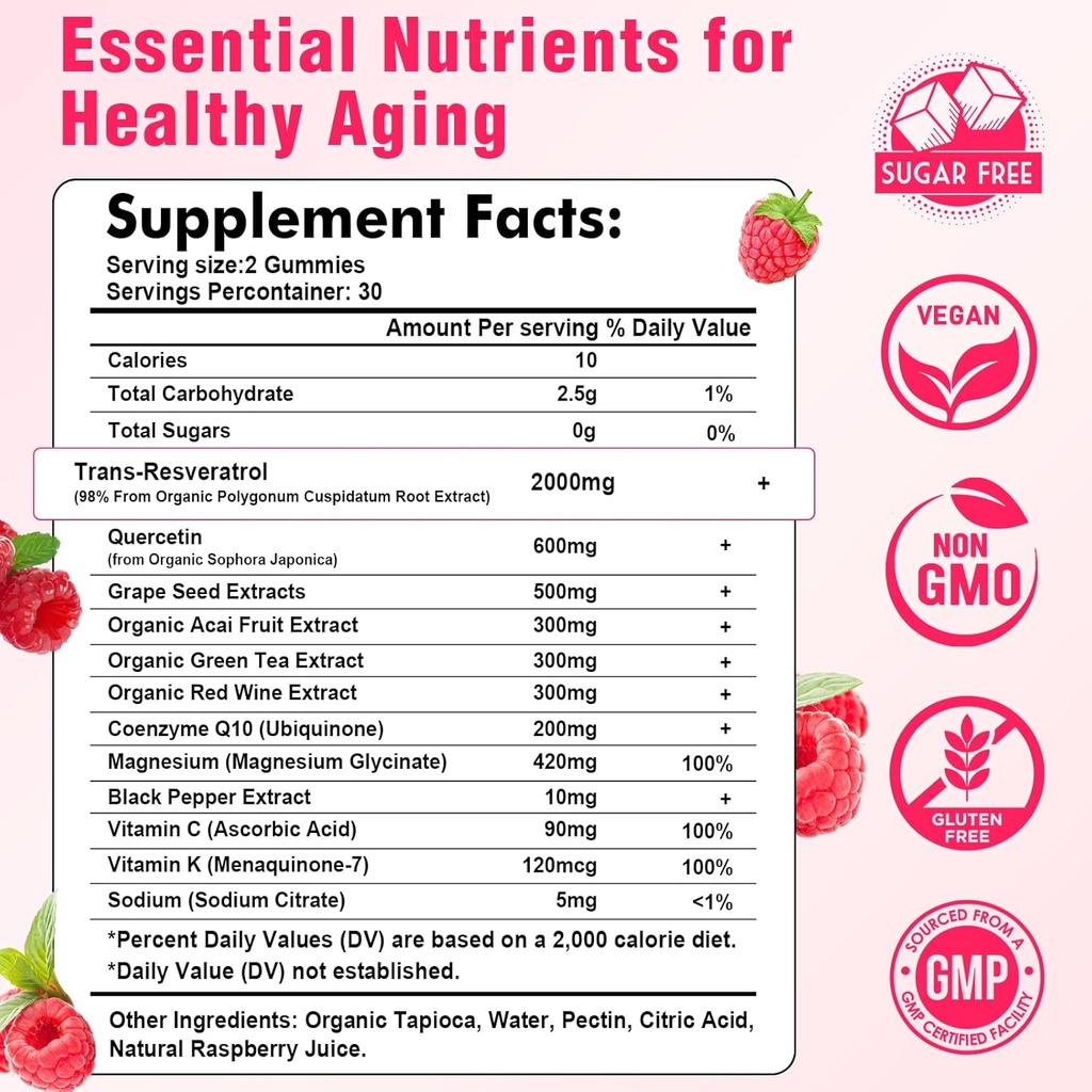 2000mg Organic Resveratrol Gummies for Women - Sugar Free Resveratrol-Nutritional-Supplements for Antioxidant Support, Cellular Health, Immunity, Brain & Energy, Raspberry Flavor, 60 Count 3