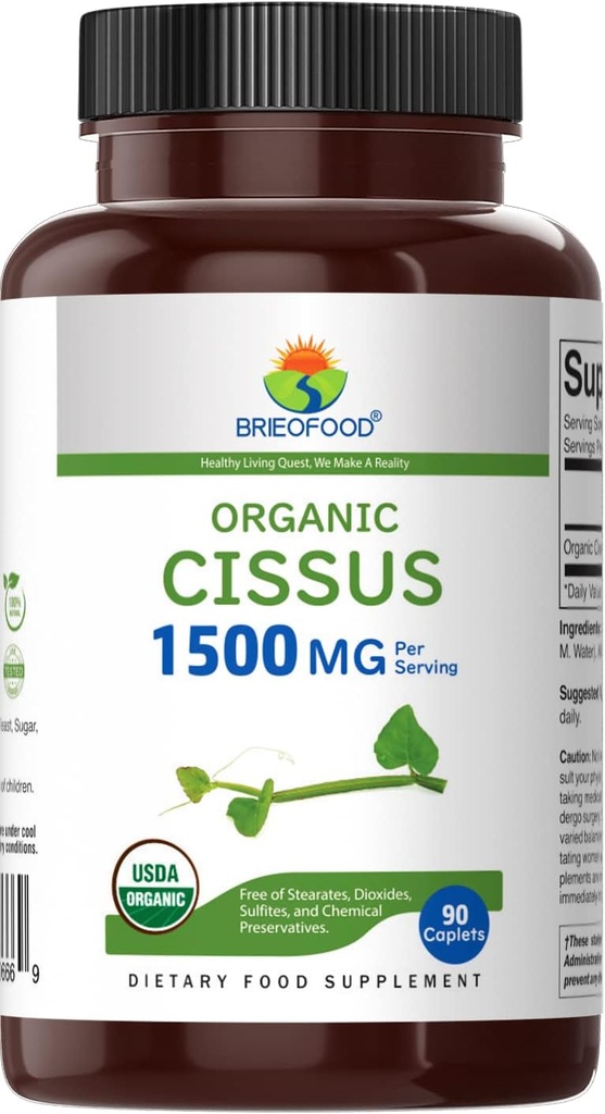 Brieofood Organic Cissus Quadrangularis 1500mg, 45 Servings, Vegetarian, Gluten Free, 90 Vegetarian Tablets 3