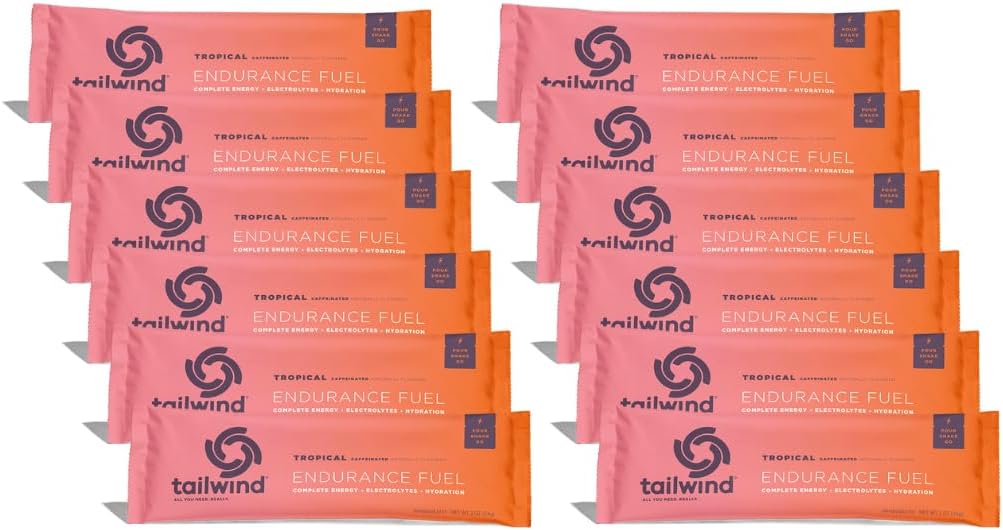 Tailwind Nutrition Endurance Fuel, Caffeine Drink Powder Mix Single Serving with Electrolytes, Non-GMO, Free of Soy, Dairy, and Gluten, Vegan-Friendly, Tropical Buzz, Pack of 12 2