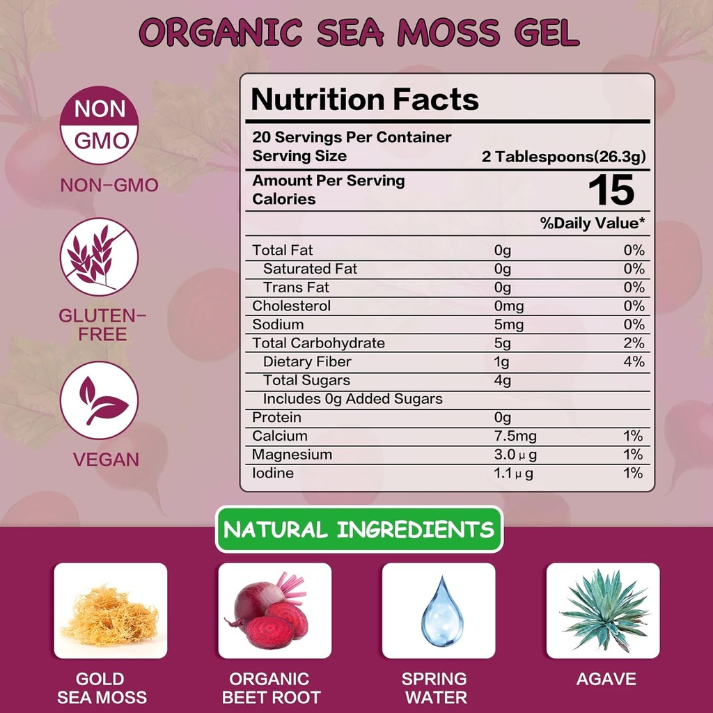 Sea Moss Gel Raw Organic,Real Sea Moss Gel with Irish SeaMoss,Wildcrafed Sea Moss Gel,Immune & Digestive Support,Vitamins & Minerals Supplement(Beet Root,18.5OZ) 3