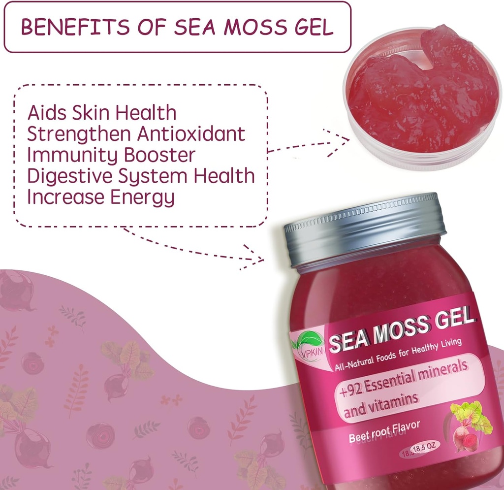 Sea Moss Gel Raw Organic,Real Sea Moss Gel with Irish SeaMoss,Wildcrafed Sea Moss Gel,Immune & Digestive Support,Vitamins & Minerals Supplement(Beet Root,18.5OZ) 5