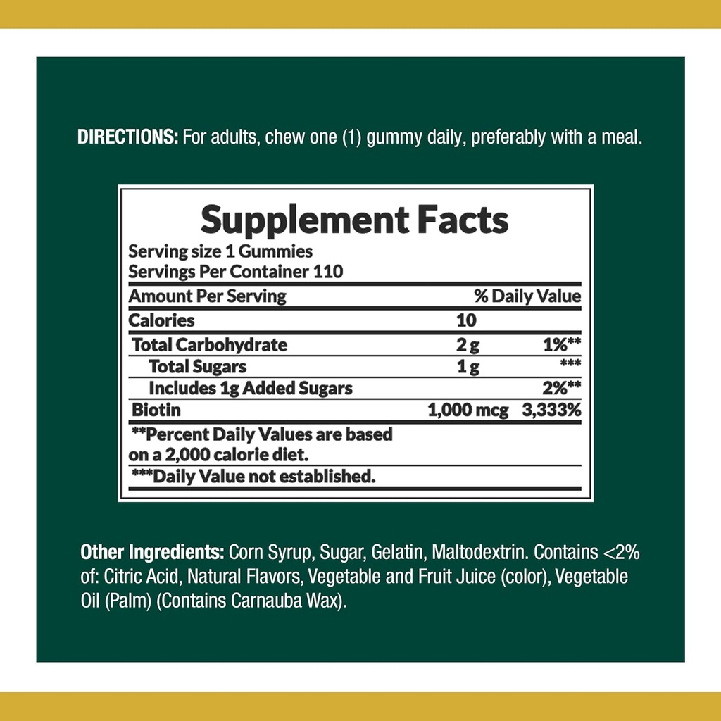 Nature's Bounty Biotin, Vitamin Supplement, Supports Healthy Hair, Skin, and Nails, Fruit Flavored Gummies, 1000 mcg, 110 Count (Pack of 2) 2