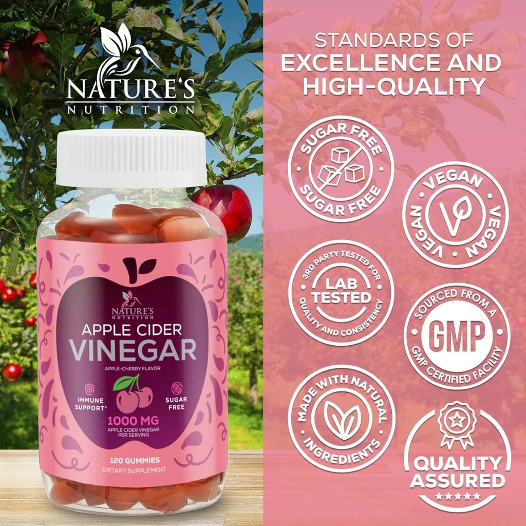 Vegan Apple Cider Vinegar Gummy 1000mg - Sugar Free ACV Gummies Vitamins Supplement with Vitamin B12 for Energy - Keto Friendly Digestion, Detox, Cleanse Support - Gelatin-Free, Non-GMO - 120 Gummies 5