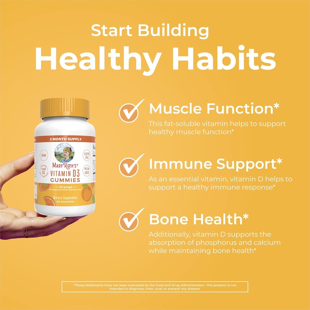 MaryRuth Organics Vitamin D3 Gummies | 2 Month Supply | Adults & Kids Vitamin D Gummy | Immune Support Supplement | VIT D3 1000IU for Bone Health&Muscle Function | Vegan | Non-GMO | Gluten Free | 60 6