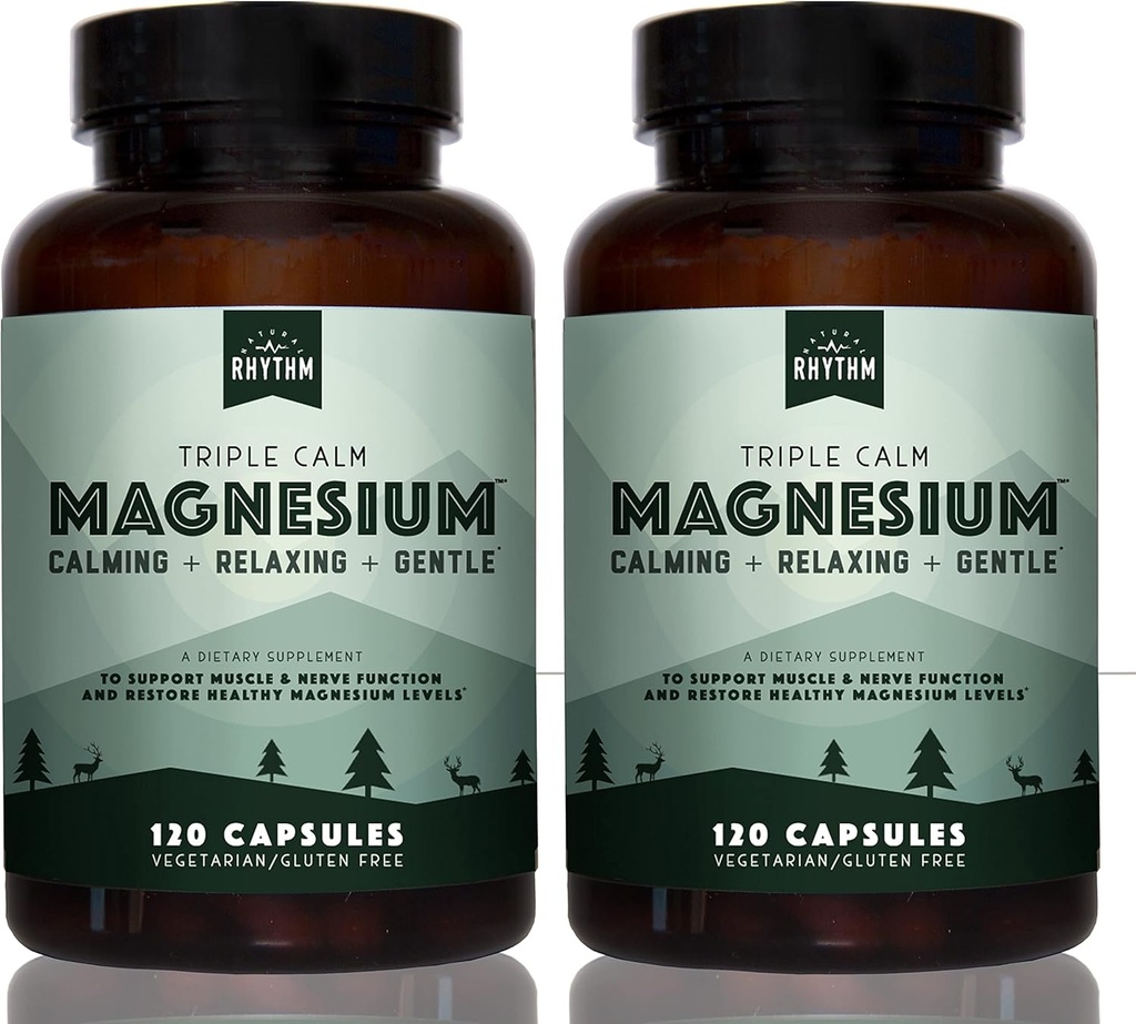 Natural Rhythm Triple Calm Magnesium 150 mg - 2 Pack – Magnesium Supplement with Magnesium Glycinate, Malate, and Taurate. Calming Blend for Promoting Rest and Relaxation - 120 Count Bottles 2