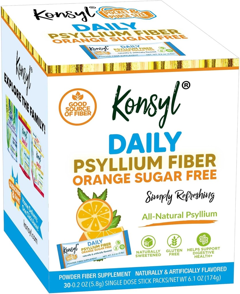 Konsyl Daily Fiber Orange 100% Natural Psyllium Husk Powder - Sugar Free and Gluten Free - 30 Individual Stickpacks 2