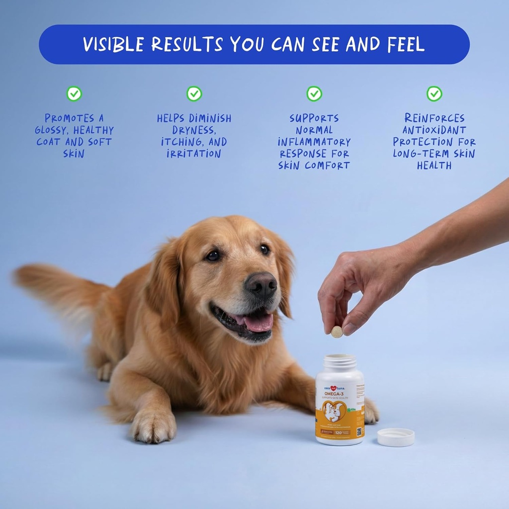 Omega 3 Fish Oil for Dogs - 120 Chewable Tablets - with Omega 3, 6, and 9, Vitamin E for Dog Shedding, Itchy, Dry Skin, Joint & Heart Support 3