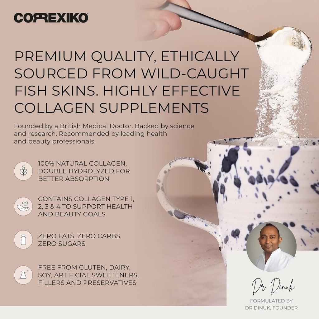 CORREXIKO Marine Collagen Supplement Pills & Powder Bundle 3 Month Supply - Includes 10,000mg Double Hydrolyzed Collagen Powder 1kg & 1800mg Collagen Peptides 360 Capsules - for Hair, Skin & Nails 4