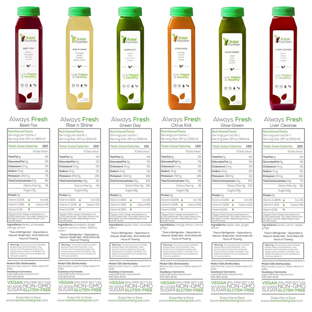 3 Day Juice Cleanse by Raw Fountain, All Natural Raw Detox Cleanse, Juicing for Body Rest, Cold Pressed Juice Fast, Great Way to Jumpstart a Healthy Diet, 18 Bottles 12oz, 3 Ginger Shots 6