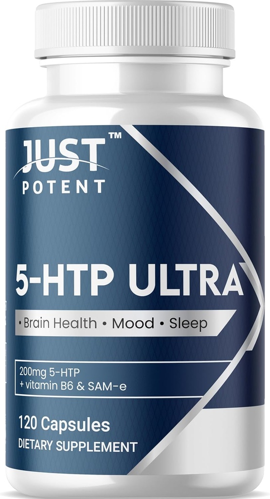 Just Potent 5-HTP Ultra 200mg | 120 Capsules - 4-Month Supply | for Sleep, Mood, and Brain Health | Fortified with SAM-e and Vitamin B6 2