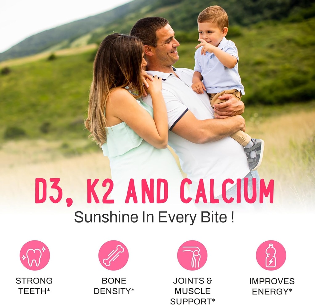 Center-Filled Vitamin D3 K2 Gummies - Kids, Teens & Adults - Supplement for Healthy Teeth, Bone, Energy & Immunity - 5000 IU D3, 120 mcg K2(MK-7), 120 mg Calcium - Vegan & Non-GMO - 60 Count 6