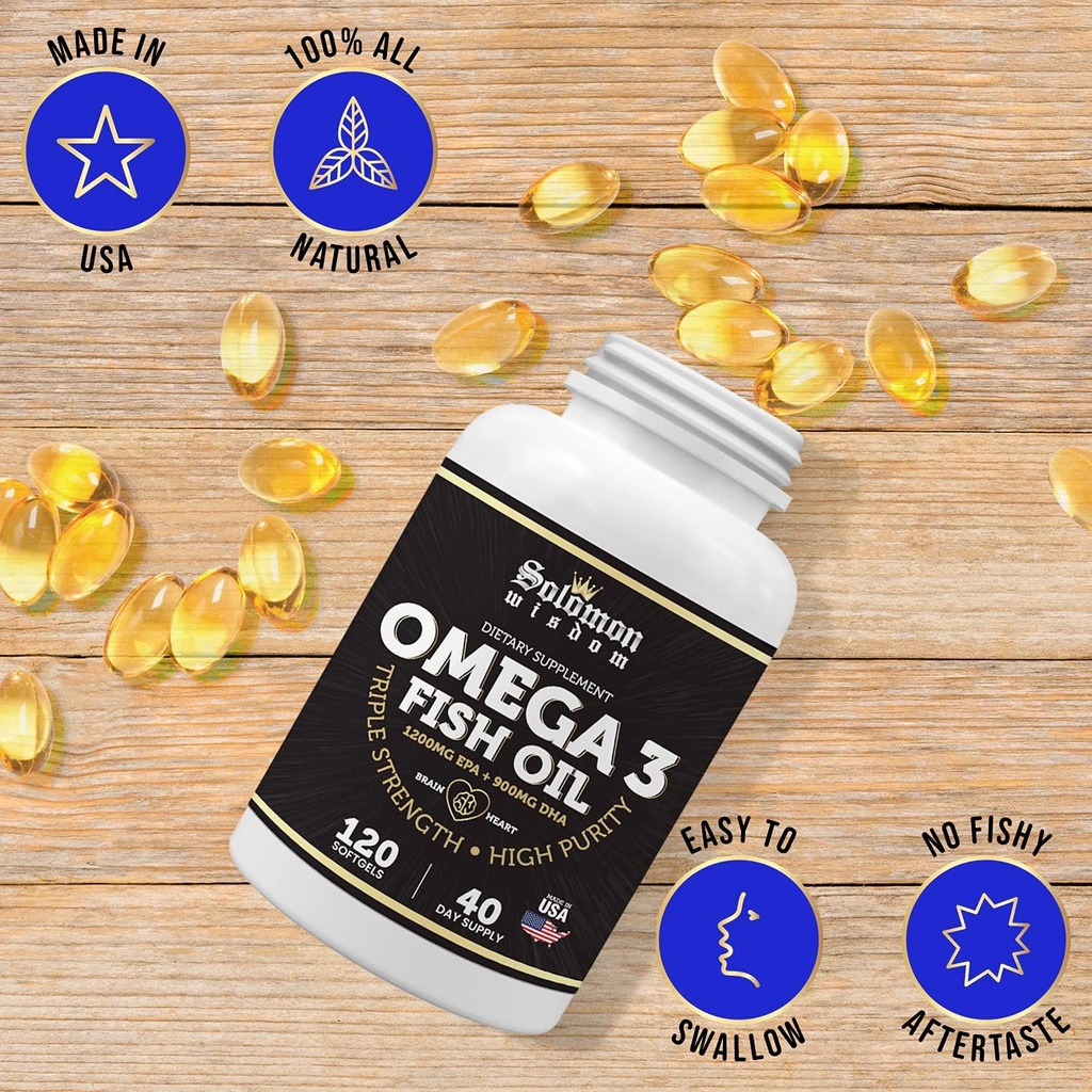 SOLOMON WISDOM Omega 3 Fish Oil - Dietary Supplement for Healthy Heart & Brain - 120 Soft Gel Capsules with High EPA 1200mg & DHA 900mg - Burpless, Odorless with Natural Lemon Flavor 5