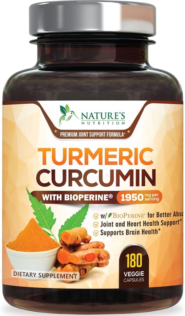Turmeric Curcumin Supplement 1950mg - 95% Curcuminoids with Organic Turmeric & BioPerine Black Pepper Extract for Best Absorption, Nature's Vegan Joint Support, Non-GMO, Bottled in USA - 180 Capsules 2