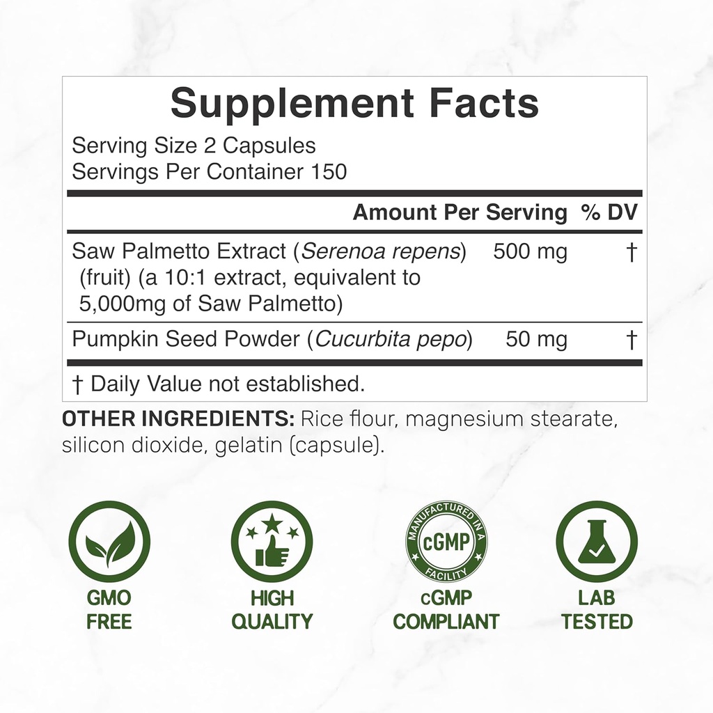Saw Palmetto Supplement with Pumpkin Seed, 300 Capsules | Promotes Prostate Health | DHT Blocker | Hair Growth Vitamins, Maintain Normal Urinary Frequency 5
