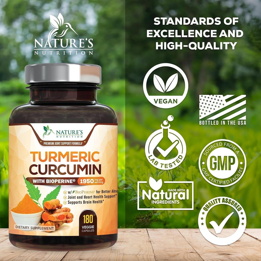 Turmeric Curcumin Supplement 1950mg - 95% Curcuminoids with Organic Turmeric & BioPerine Black Pepper Extract for Best Absorption, Nature's Vegan Joint Support, Non-GMO, Bottled in USA - 180 Capsules 5