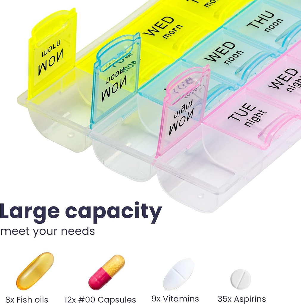 FMP Brands 1 Pack Pill Organizer 3 Times a Day, Weekly Medicine Organizer Pill Boxes, 7 Day Large Pill Holder Organizer Sorter Container Case, Morning Noon Night Pill 3 Times a Day Travel Pill Box 4