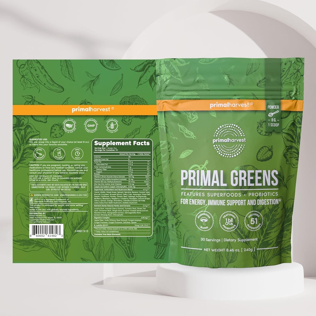 Primal Harvest Primal Greens Powder, 30 Servings Once Daily Supergeens Nutritional Supplement with Spirulina, Mushroom Blend & Probiotics to Support Energy, Wellness, & Digestion 6