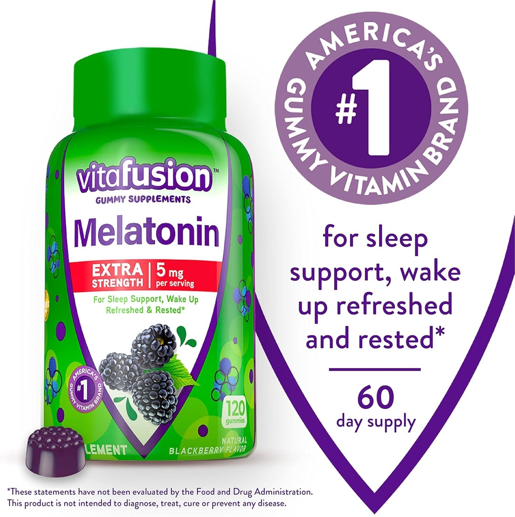 Vitafusion Extra Strength Melatonin Gummy Vitamins, 5mg, 120 ct Gummies & Fiber Well Sugar Free Fiber Supplement, Peach, Strawberry and BlackBerry Flavored Supplements, 90 Count 4