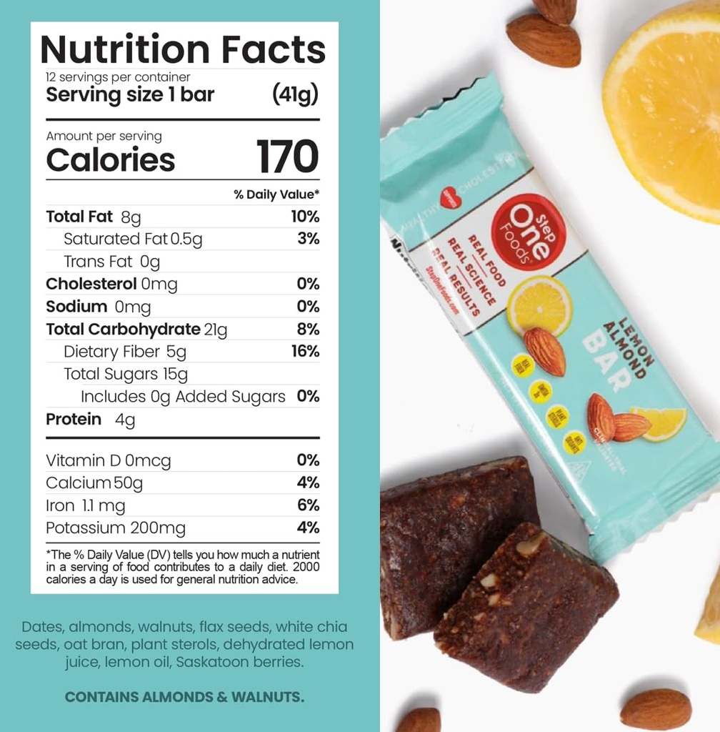 Step One Foods Lemon Almond Bar, Heart Healthy Snack Plant Sterols, Omega 3's High Fiber Snack Gluten & Dairy Free, Vegan, Zero Sodium, Granola Bars (12 Pack) 4