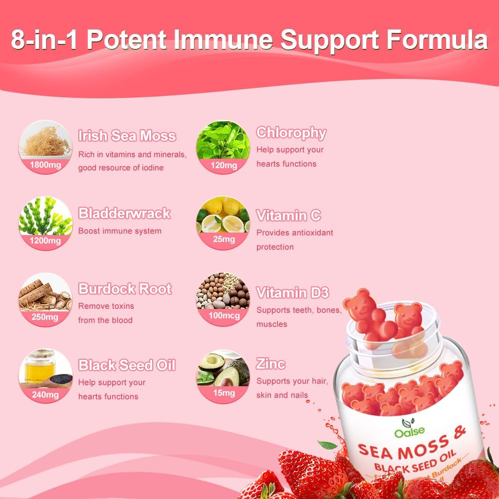 Sea Moss Gummies for Adults Kids with Chlorophyll, Bladderwrack, Burdock Root, Blck Seed Oil, Vitamin C & D3, Zinc, 8-in-1 Potent Formula Supports Immune System & Boost Energy (1-Pack) 4