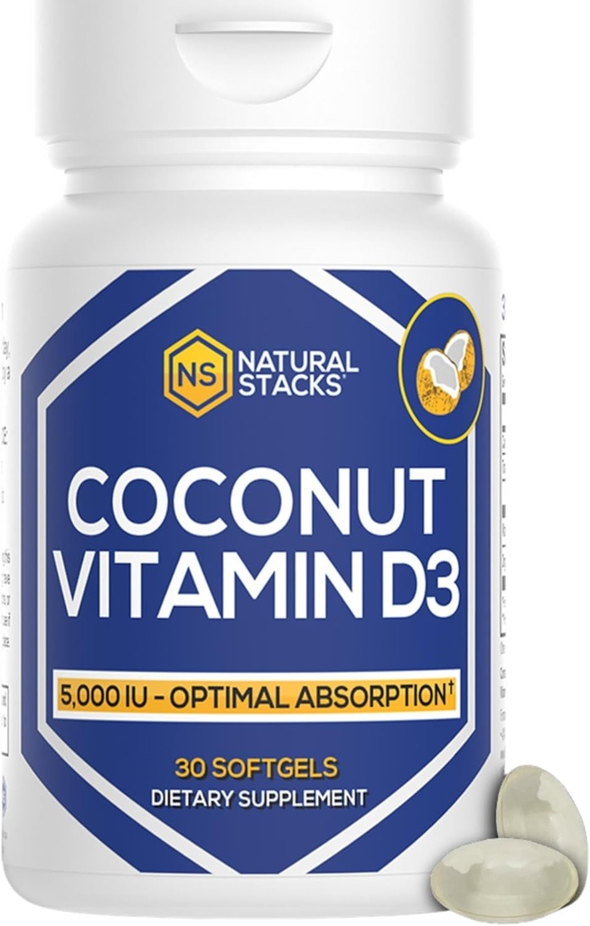 NATURAL STACKS Vitamin D 5000 IU Supplement - with Coconut Oil for Optimal Absorption - Vitamin D Pills for Immunity & Cell Growth - D3 125mcg Cholecalciferol Supplement - 30 D3 Servings 2