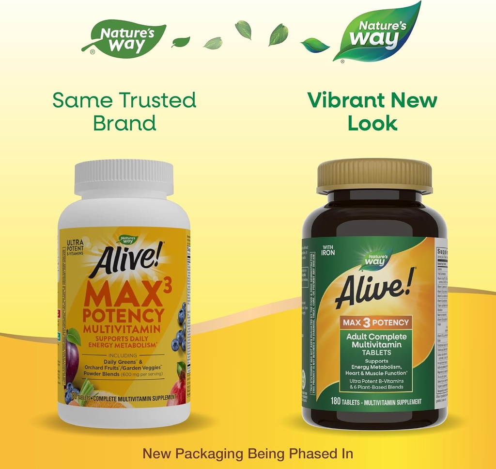 Nature's Way Alive! Max3 Potency Daily Multivitamin, Methylated B12 and Folate, Ultra Potency B-vitamins to Support Energy Metabolism*, 180 Tablets 3