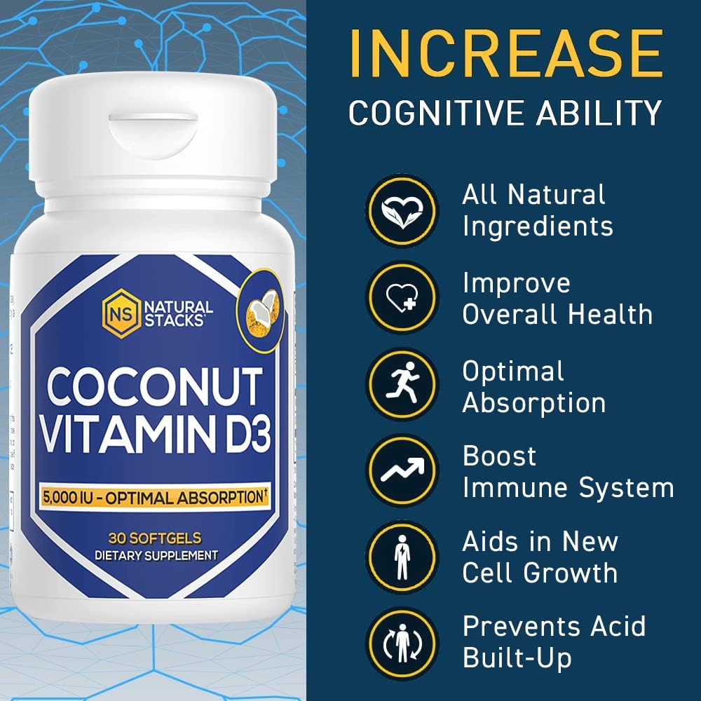 NATURAL STACKS Vitamin D 5000 IU Supplement - with Coconut Oil for Optimal Absorption - Vitamin D Pills for Immunity & Cell Growth - D3 125mcg Cholecalciferol Supplement - 30 D3 Servings 4