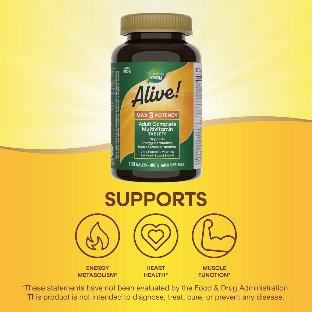 Nature's Way Alive! Max3 Potency Daily Multivitamin, Methylated B12 and Folate, Ultra Potency B-vitamins to Support Energy Metabolism*, 180 Tablets 5